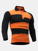 Mens Stripe Printing Long Sleeve Turn-down Collar Slim Fit Casual Polo Shirt