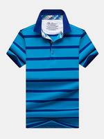 Mens Summer Casual Business Slim Fit Striped Cotton Turn-down Collar Polo Shirt 