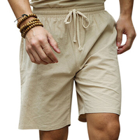 Mens Summer Cotton Linen Drawstring Solid Color Knee Length Casual Beach Shorts