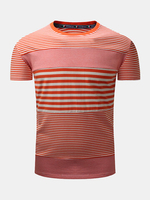 Mens Summer Cotton Striped Printed O-neck Short Sleeve Casual T-shirt