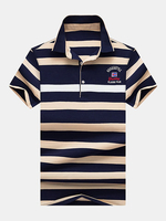 Mens Summer Cotton Striped Printed Short Sleeve Turn-down Collar Casual Business Polo Shirt