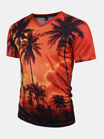 Mens Summer Creative 3D Dusk Coconut Trees Printed V-neck Short Sleeve Casual T-shirt