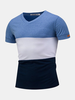 Mens Summer Hit Color Short Sleeve V-neck Slim Fit Casual T-shirt