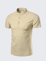 Mens Summer Linen Solid Color Short Sleeve T-shirt Chinese Collar Buttons Top Tee