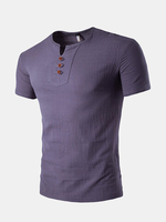 Mens Summer Linen Solid Color Short Sleeve T-shirt V-neck Button Top Tee