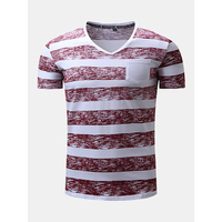 Mens Summer Striped Printed V-neck Short Sleeve Casual Cotton T-shirt