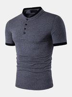 Mens Western Style Short Sleeve Turn Down Collar Solid Color T-Shirts