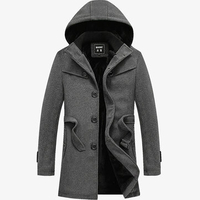 Mens Winter Thick Velvet Single-breasted Trench Coat Hooded Woolen Blended Overcoat