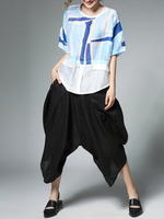 Miting Women Casual Printed Patchwork O-Neck Half Sleeve Blouses