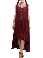 Mori Girl Style Pure Color Sleeveless Fake Two-piece Maxi Dress For Women