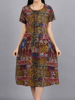 Multicolor Print Loose Short Sleeve O Neck A Line Women Dresses