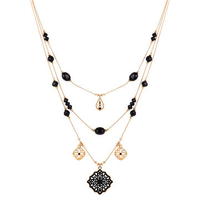 Multilayer Bead Necklace Hollow Square Pendant Necklace
