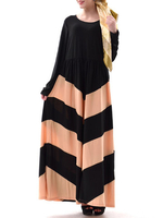 Muslim Robe Splicing Striped Printed Long Sleeves Dresses