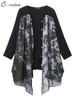 O-NEWE Autumn Women Vintage Printing Patchwork Long Sleeve Button Irregular Cardigan