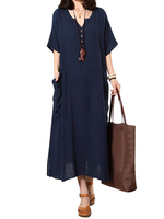 O-Newe Casual Embroidered Pockets Split Hem Button Maxi Dress