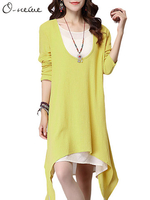 O-Newe Casual Long Sleeve Patchwork Fake-Two Piece Irregular Dress For Women