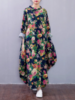 O-NEWE Chinese Style Flower Printed Long Sleeves Maxi Dress