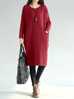 O-NEWE Elegant Loose Pure Color Round Neck Dress For Women