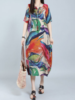 O-NEWE Elegant V-neck Short Sleeves Printed Dresses For Women
