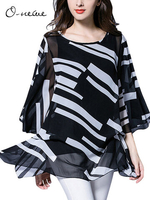 O-NEWE Plus Size Autumn Elegant Women Loose Striped Printed Patchwork O Neck Blouse