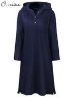 O-NEWE Plus Size Women Casual Solid Color Hooded Button Thicken Dress