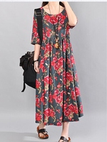 O-NEWE Vintage Flower Printed Short Sleeve Maxi Dress For Women