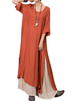 O-Newe Vintage Solid Half Sleeve Fake Two-Piece Maxi Dress For Women