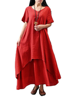 O-NEWE Vintage Solid Short Sleeve Fake Two-Piece Maxi Dress For Women