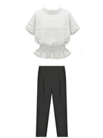 OL Solid Elegant Women Elastic Waist Shirt + Ankle-Length Pant Suit