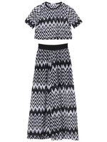 OL Wide Leg Wave Printed Short Sleeve Women Blouse And Pant Suit