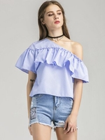 One Shoulder Plaid Flouncing Short Sleeve Women Blouse