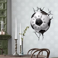 PAG STICKER 3D Wall Clock Soccer Decals Football Cracking Wall Sticker Gift