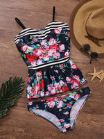 Patchwork Flounces Printed Hollow Back Biknis Swimsuits