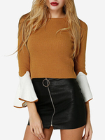 Patchwork Long Horn Sleeve O-neck Women Sweater