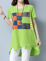 Patchwork Short Sleeve O Neck Irregular Women T-Shirts
