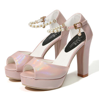 Peep Toe Solid Buckle Strap Pearl Chunky Heel Pumps