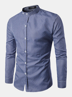 Pin Checked Stand Collar Casual Business Long Sleeve Cotton Designer Shirt for Men