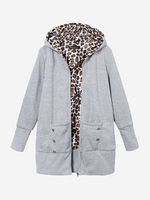 Plus Size Casual Leopard Print Hoodie Long Sleeve Slim Coat