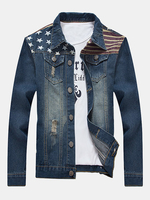 Plus Size Casual Vintage Printing Multi Pockets Hollows Pipped Denim Jackets for Men