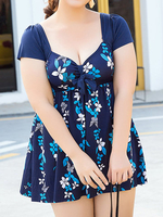 Plus Size Flower Print Sleeved Double-layer Bodysuit Bathing Suits Swimdresses