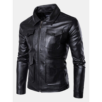 Plus Size Motorcycle Slim Harem Multi Pockets PU Leather Button Jackets for Men