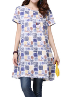 Plus size Women Loose Printed Multi-color Round Collar Short Sleeved Cotton Dresses