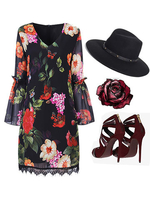 Print Trumpet Sleeve Lace Hem Patchwork V Neck Dress For Women