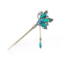 Retro Women Hairpin Vintage Butterfly Rhinestone Turquoise Tassel Hairpin