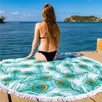 Round Beach Scarf Shawl Towel Peacock Feather Pattern Yoga Mat Decor