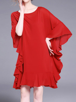 Ruffled Sleeve Loose O-Neck A-Line Women Sexy Dresses