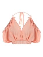 Sexy Cold Shoulder Halter Short Sleeve Women Crop Tops