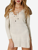 Sexy Cross Strap Slit Hem Long Sleeve V-neck Women Sweater