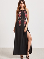 Sexy Floral Embroidered Backless Slit Hem Halter Women Maxi Dress
