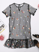Sexy Floral Embroidered See-through Short Sleeve O-neck Women Dress